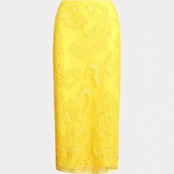 NWT Lauren Ralph Lauren Beaded Mesh Midi Skirt in Lemon Yellow Sz 6 Retail $295 - Picture 5 of 5